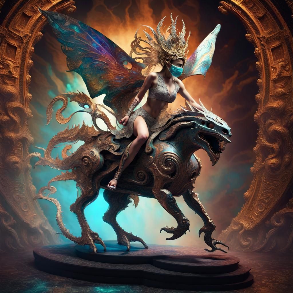 Goddess Rides Beast: Glitchcore Dark Fantasy Art