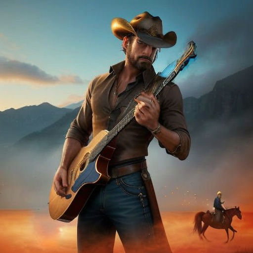 Harmonica Player Double Exposure with Cowboy Landscape