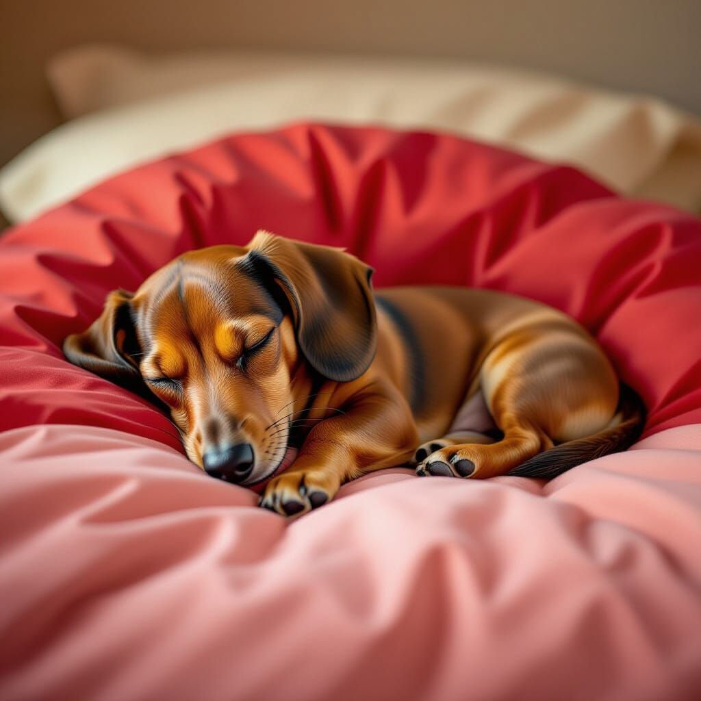 Cute Papercraft Dachshund Sleeps in Cozy Red Bed