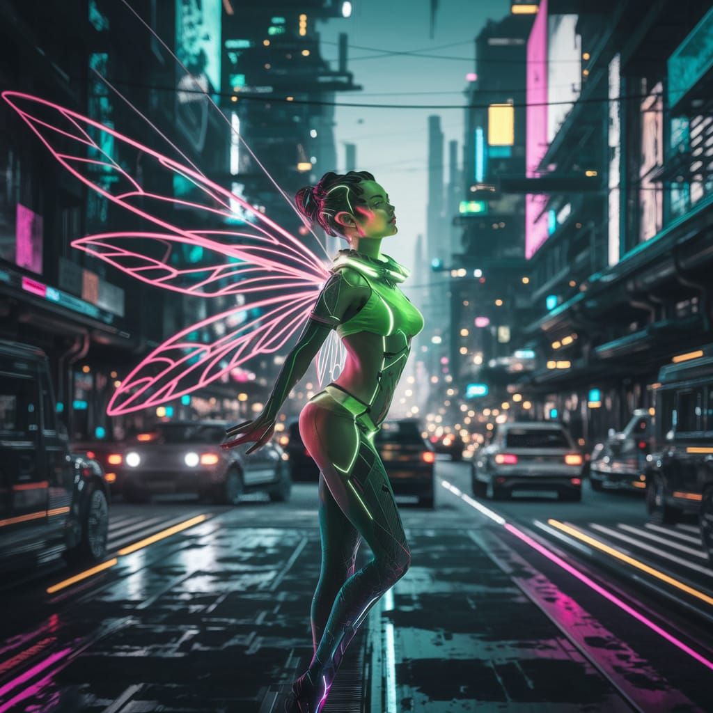 Futuristic Fairy in Cyberpunk Cityscape