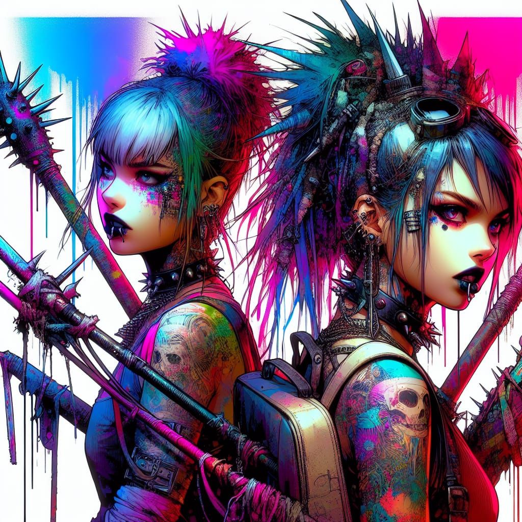 Anarchic Punk Girls with Weapons in Polychromatic CG Art