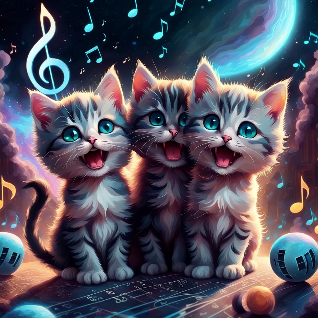 Joyful Kittens Sing: A Cosmic Mixed Media Illustration