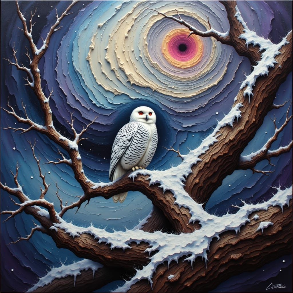 Majestic Snowy Owl with Glowing Red Eyes on Ancient Branch