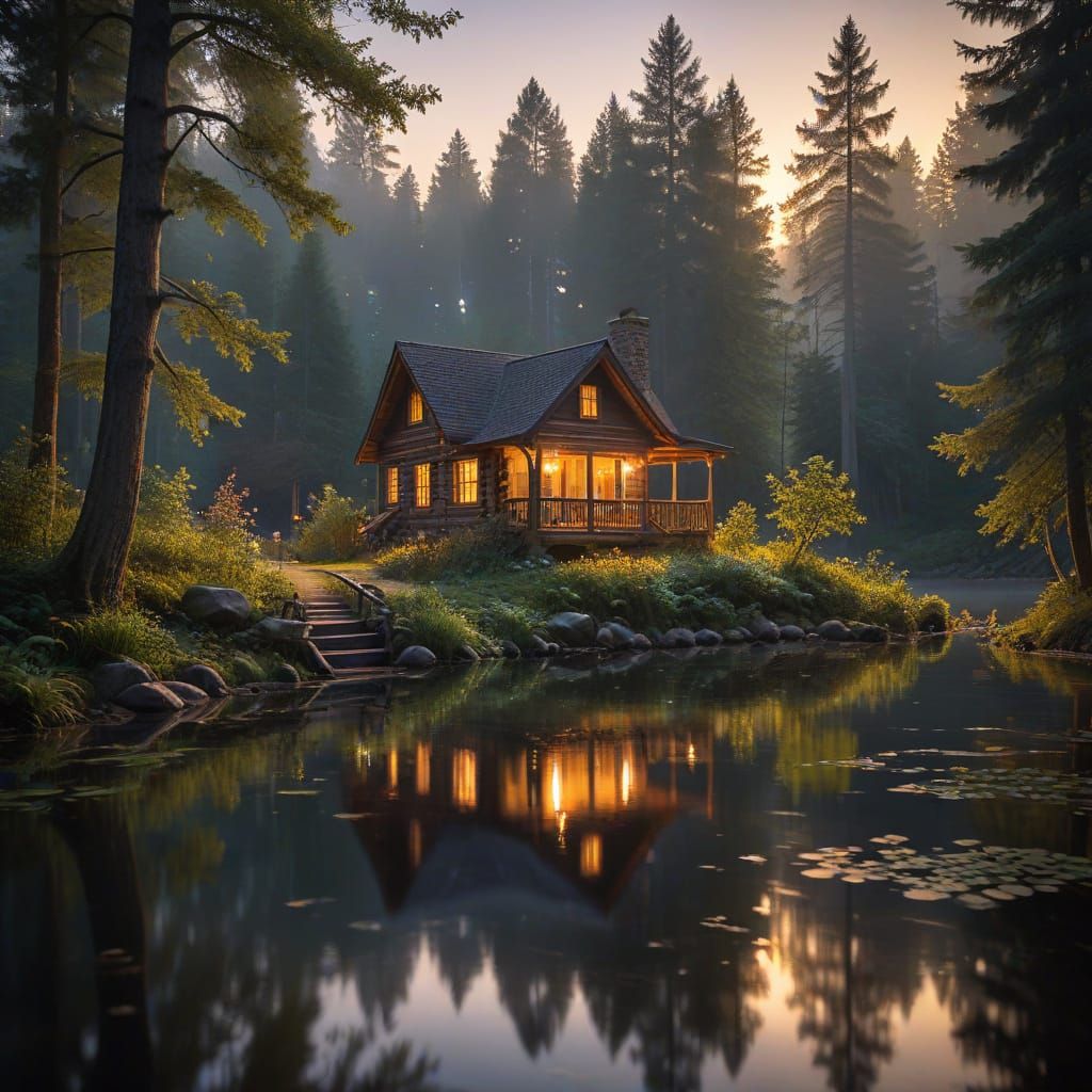 Cabin in Misty Forest at Twilight as Oil Painting
