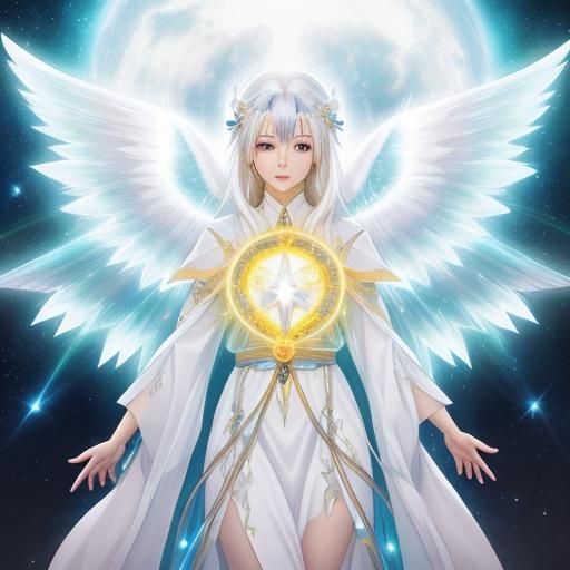 Glowing White Haired Angel with Cosmic Energy in Anime Style