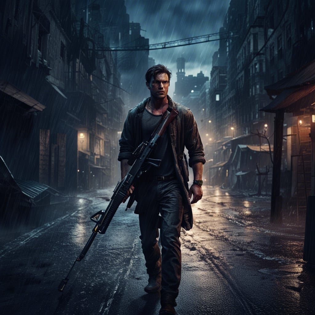 Man Walks Through Post-Apocalyptic City at Night