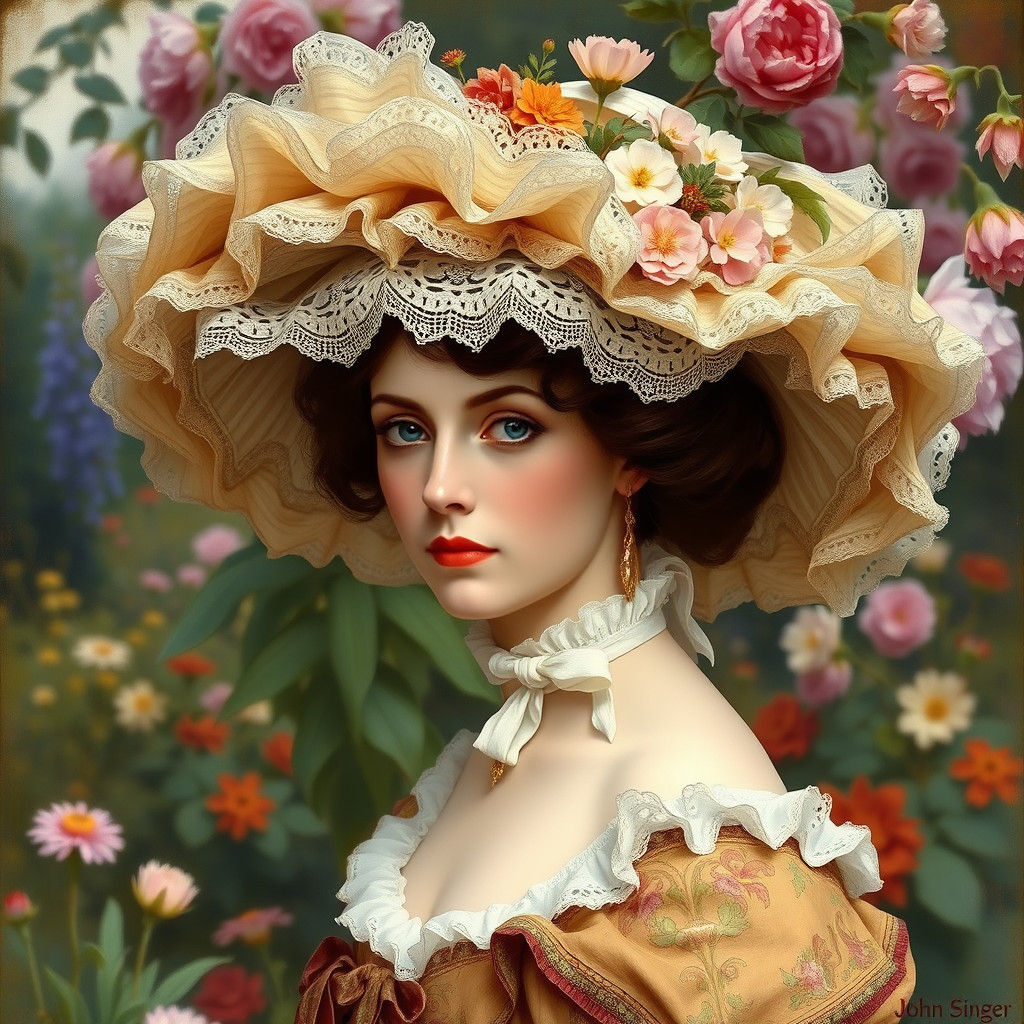 A Victorian woman wearing a grand ornate bonnet with layers ...