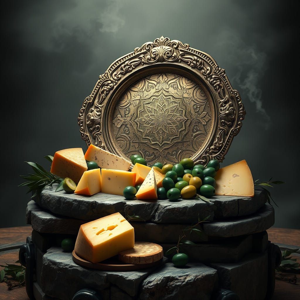 Surreal Table Setting with Cheese and Olives in Fantasy Art...