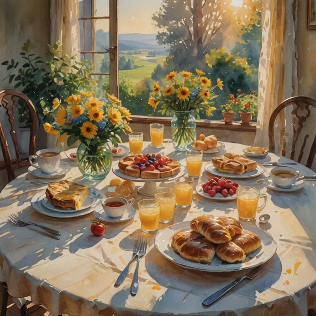 Family Breakfast in Gouache Watercolor Style