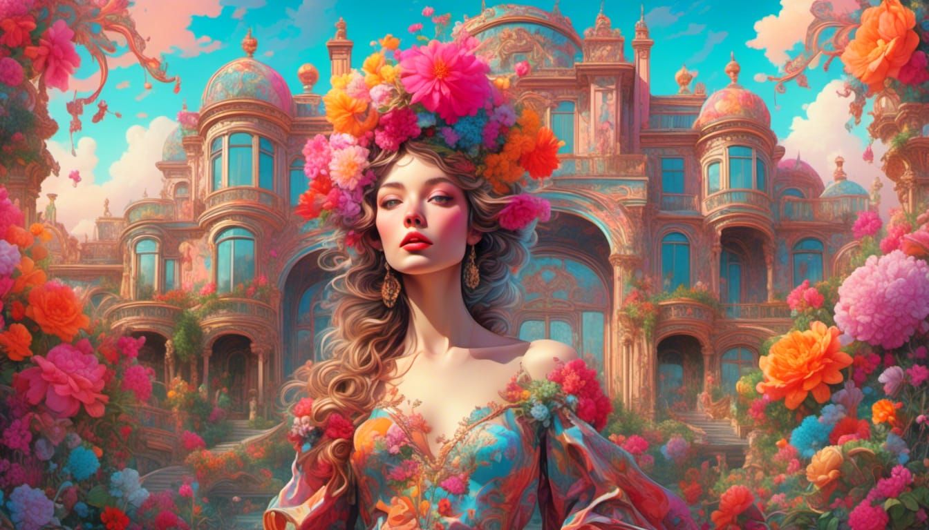 Floral Woman in Ornate Palace Garden