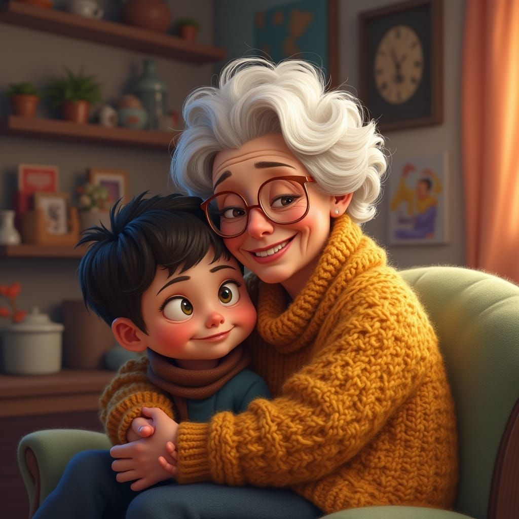 Smiling Grandma with Grandson: Whimsical Nostalgic Art