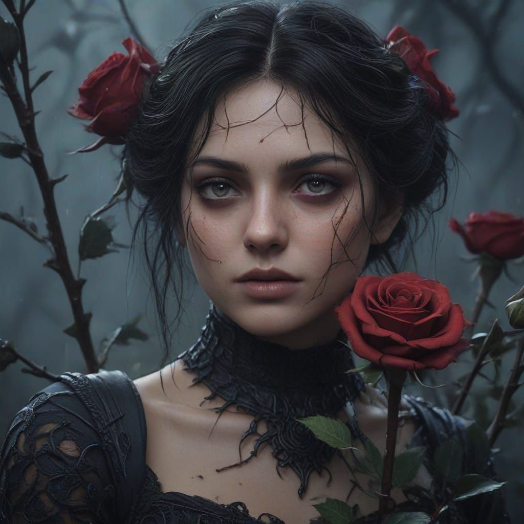 Heartbroken Goddess Amidst Twisted Roses