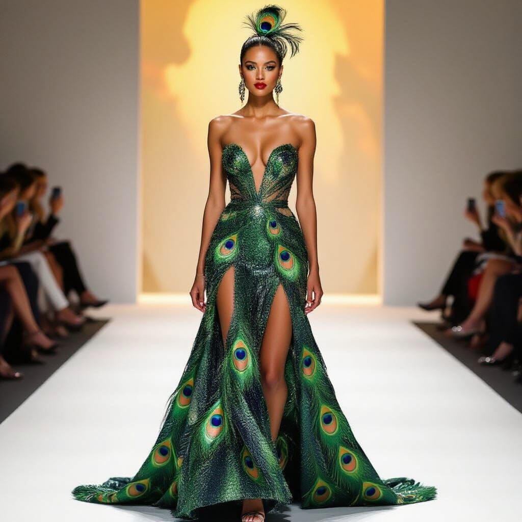 Runway Model in Shimmering Peacock Feather Gown
