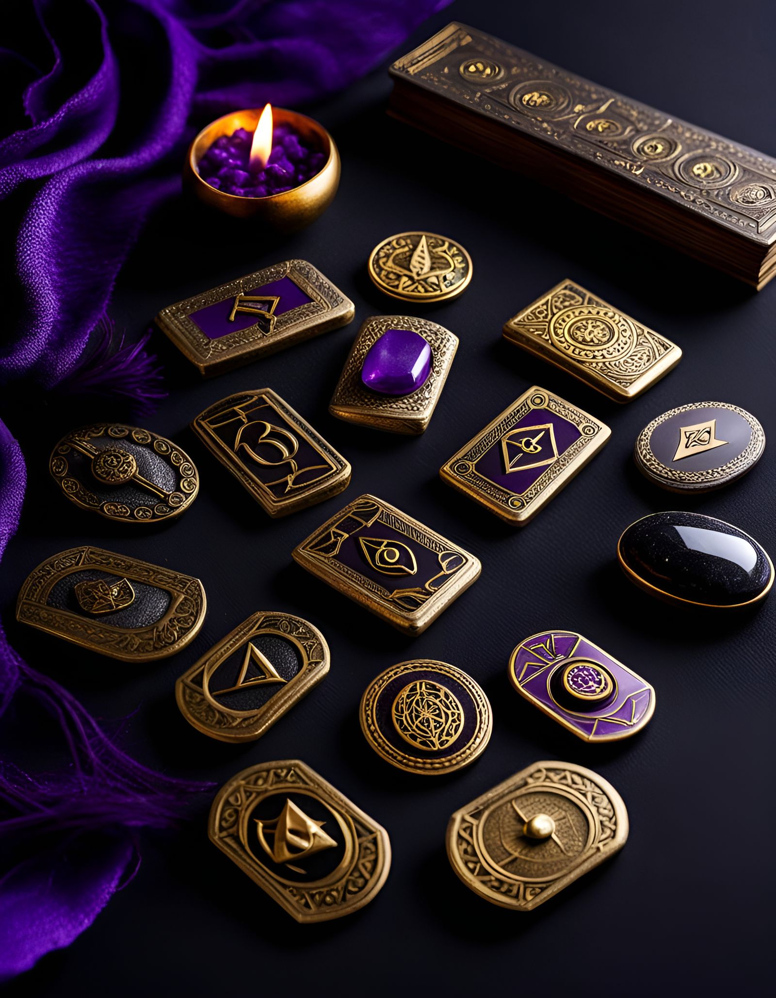 Rune stones cast on old table, oracle cards, fanned out spirits emerging out the walls, black background purple and gold