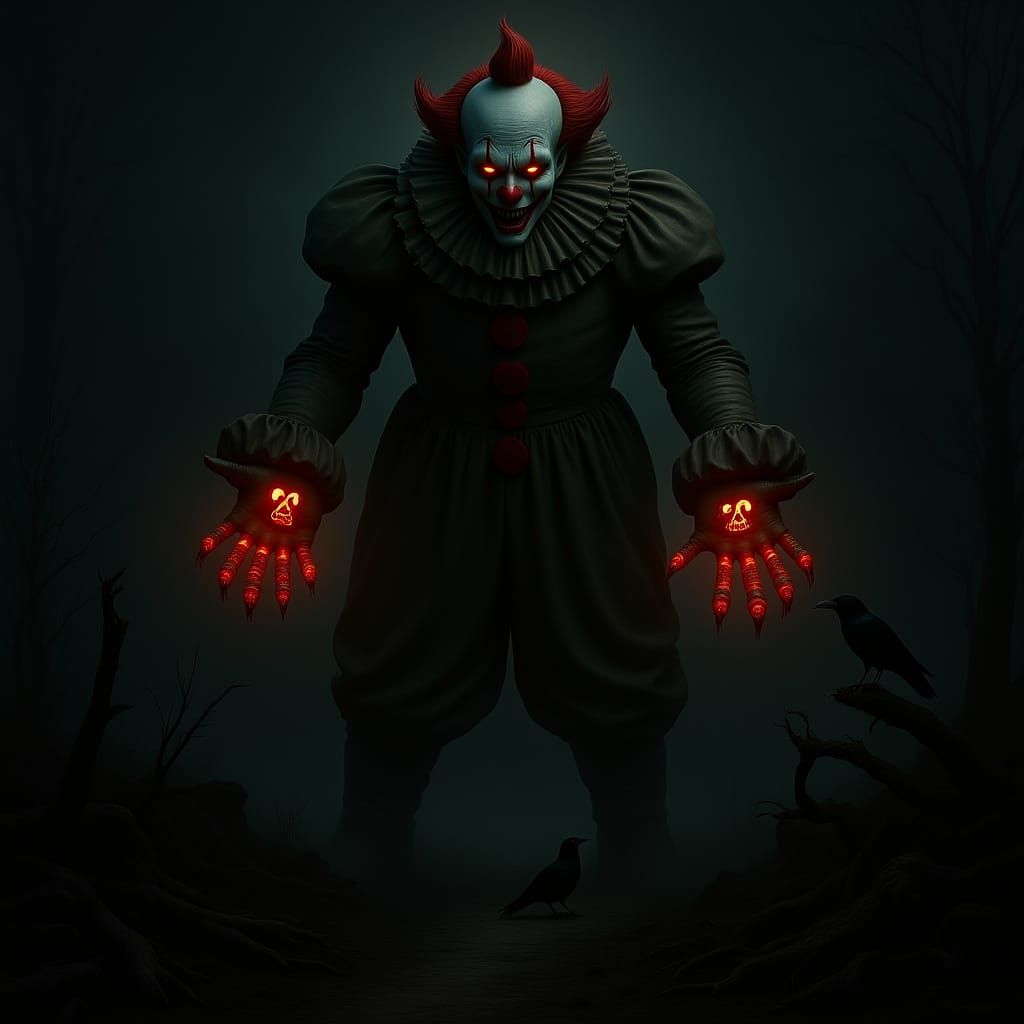 Towering Evil Clown in Dark Fantasy Landscape