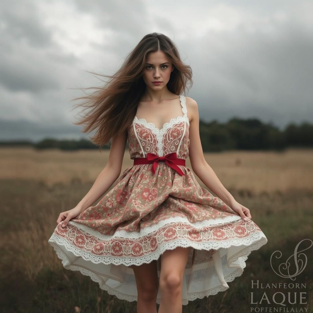 Woman in Red Dress Against Cloudy Sky