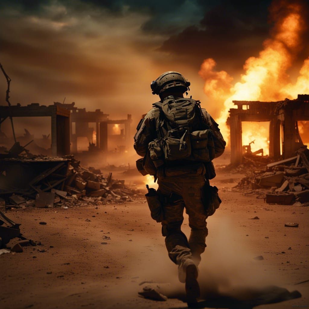 American Soldier in Burning Village: Photorealistic Render