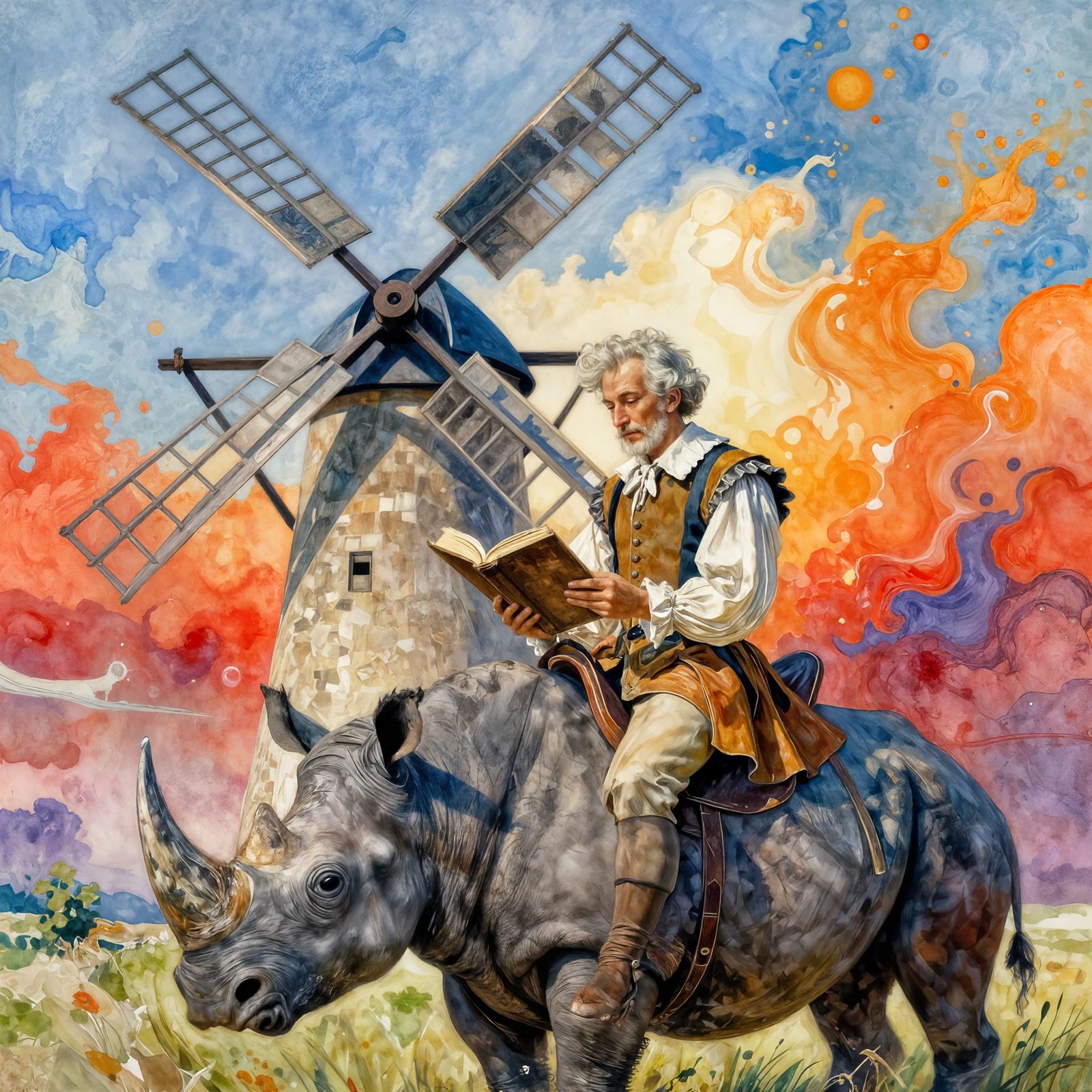 Don Quixote Reads by a Modern Windmill on a Rhinoceros