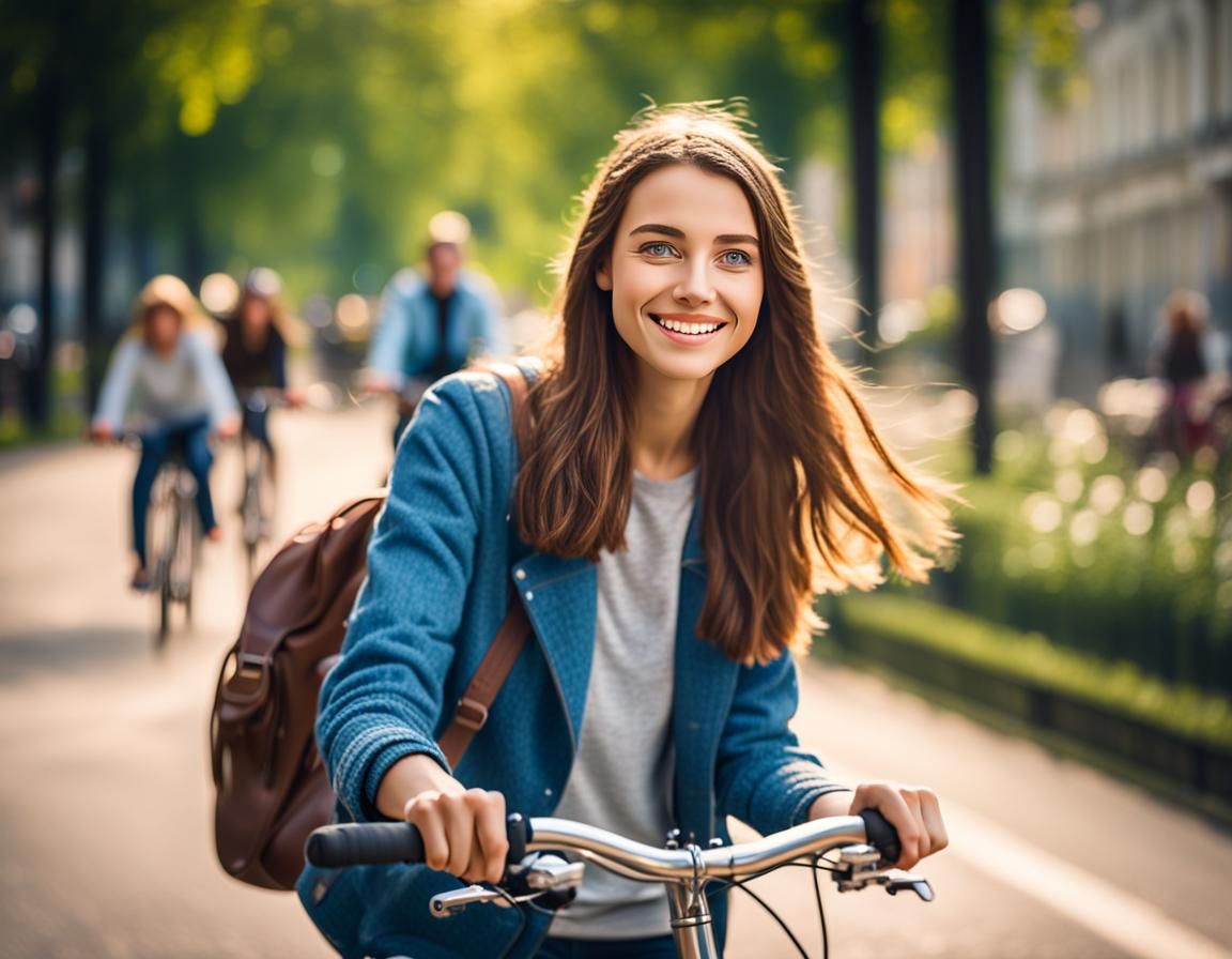 Smiling Woman on Bicycle: Professional Bokeh Photography