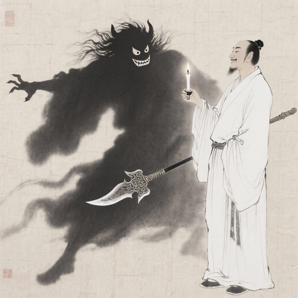 Zen Man in White Robes with Demonic Shadow