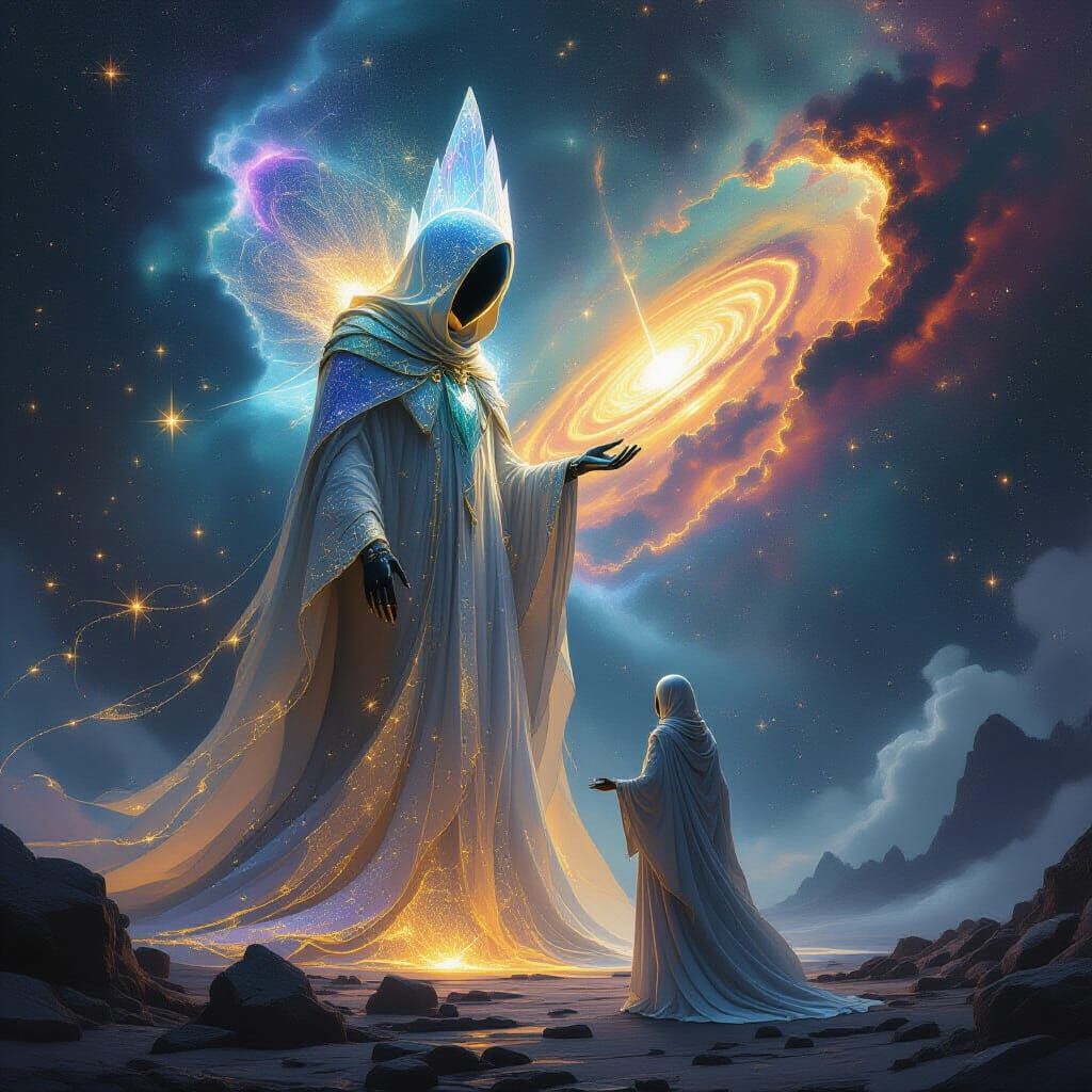 Crystalline Entity Assembling Galaxy in Digital Art