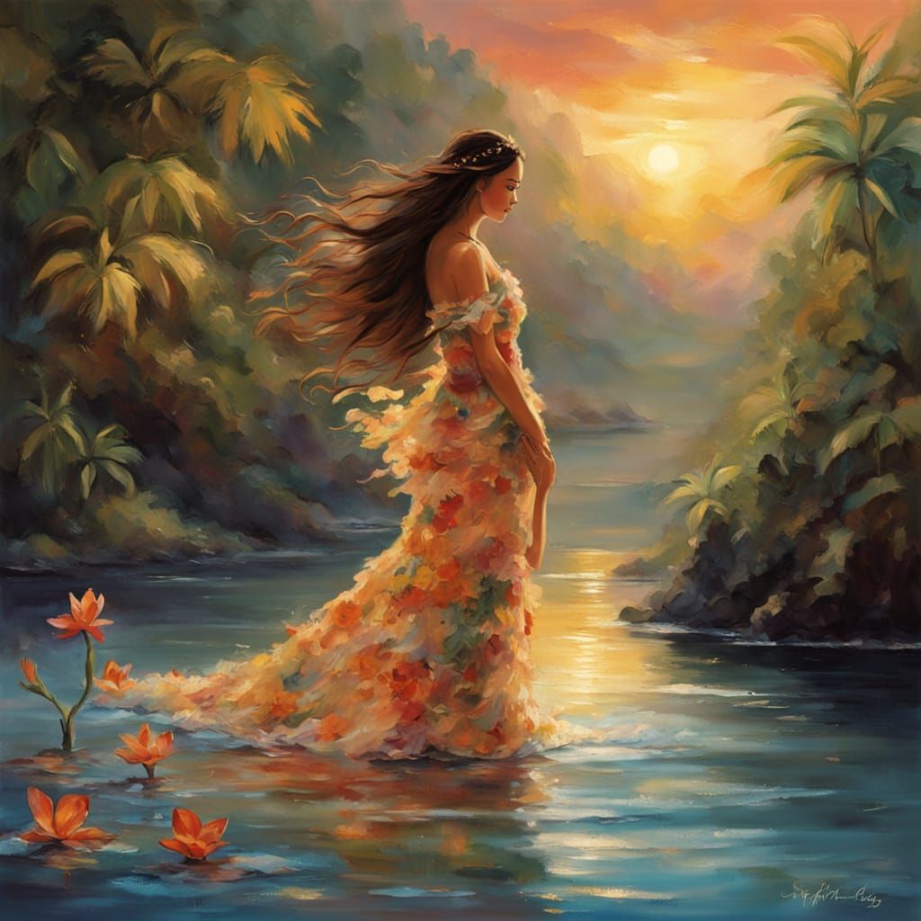 Hula Dancer at Sunset in Impressionist Style