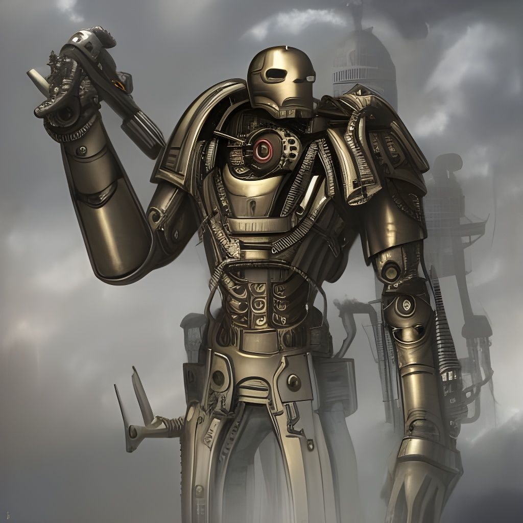 Steampunk Armored Man in City Street