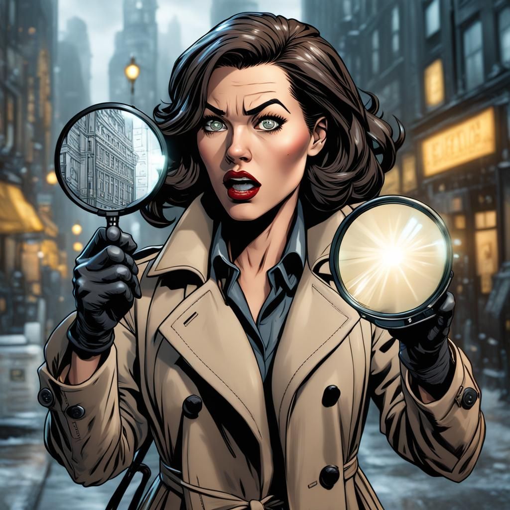 Excited Detective Inspects Clue in Comic Art Style