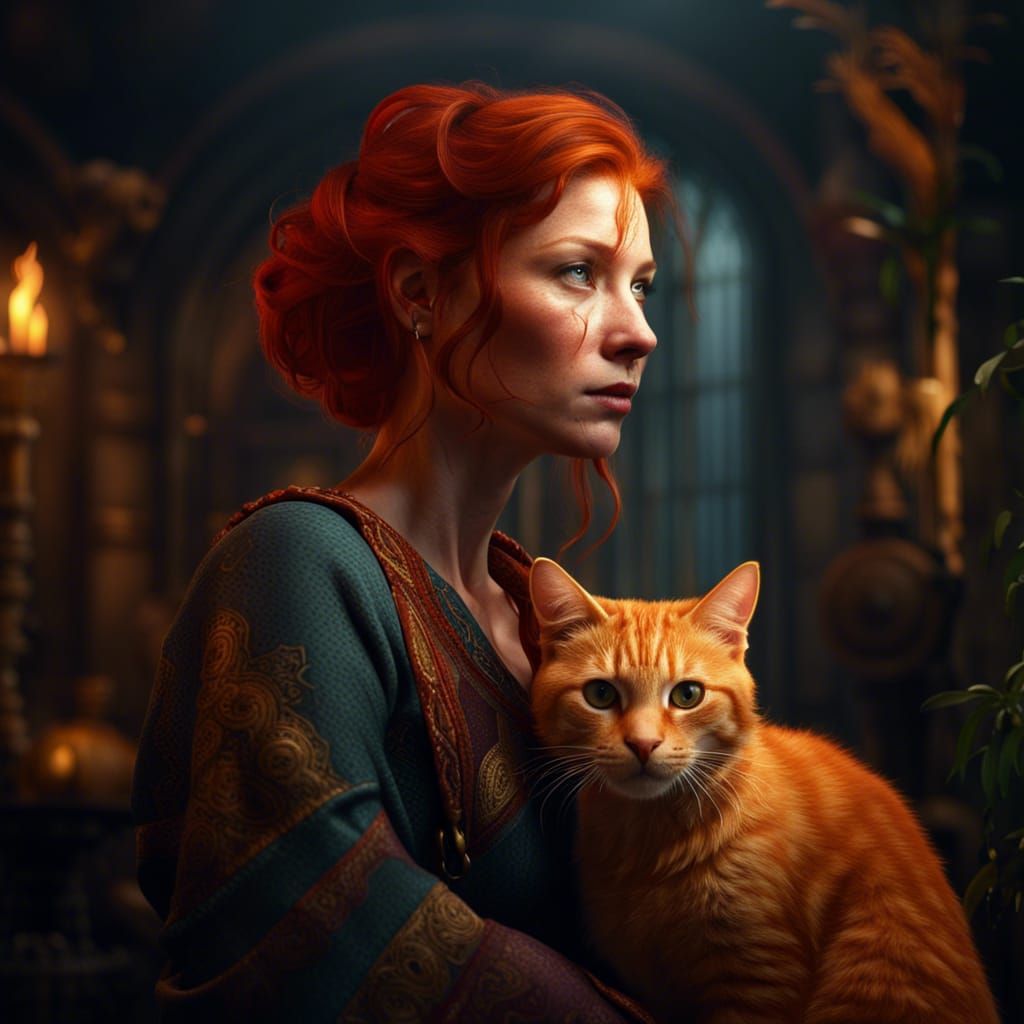 Redhead Woman with Ginger Cat Fantasy Art