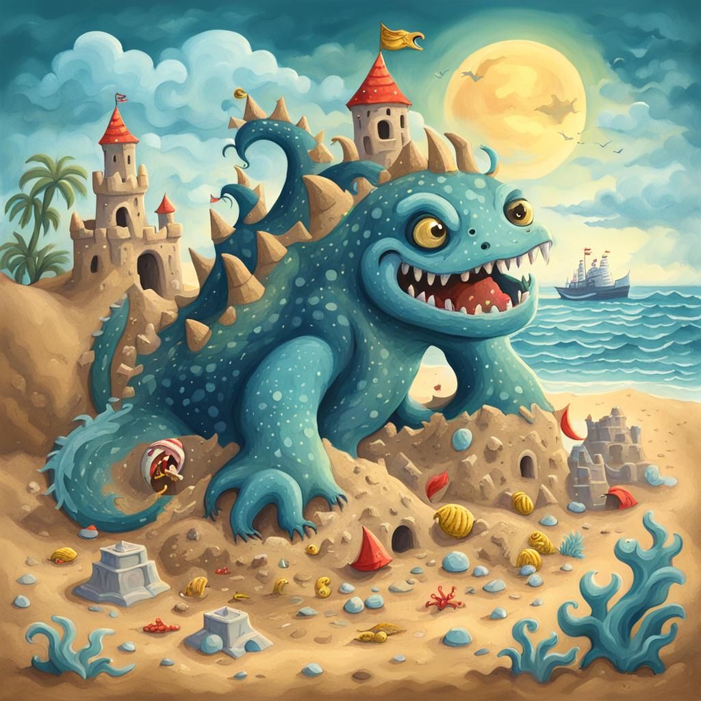 Sea Monster's Sandcastle: A Gouache-Style Painting