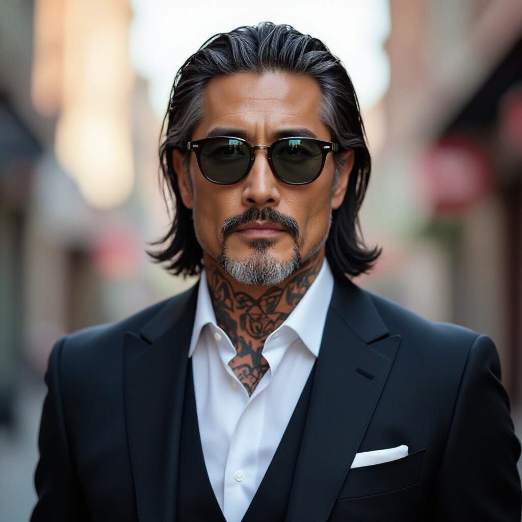 Confident Asian Man with Tattoos in Cinematic Style