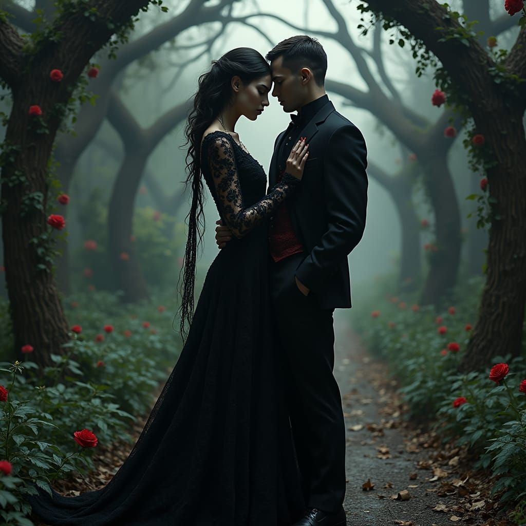 Ethereal Moonlit Encounter in a Gothic Garden