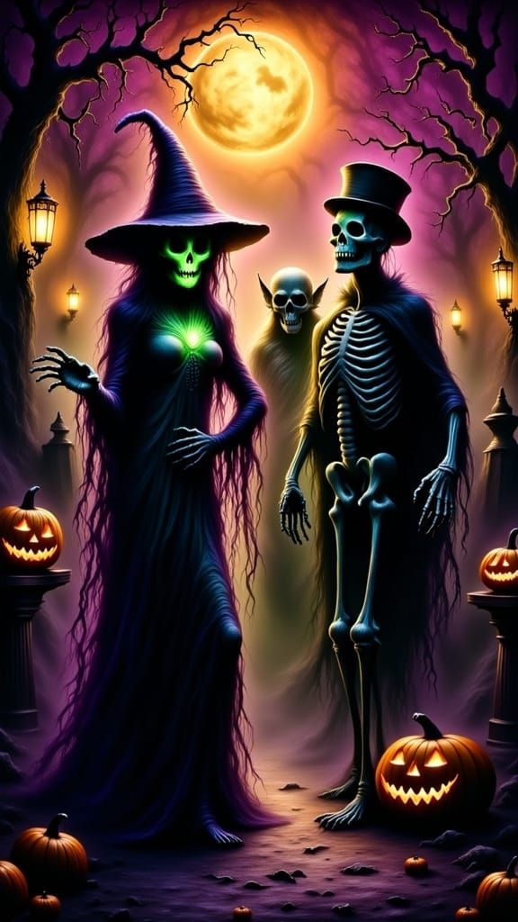<lora:Halloween Ghosts:1.0> A scary witch, a zombie, a skele...