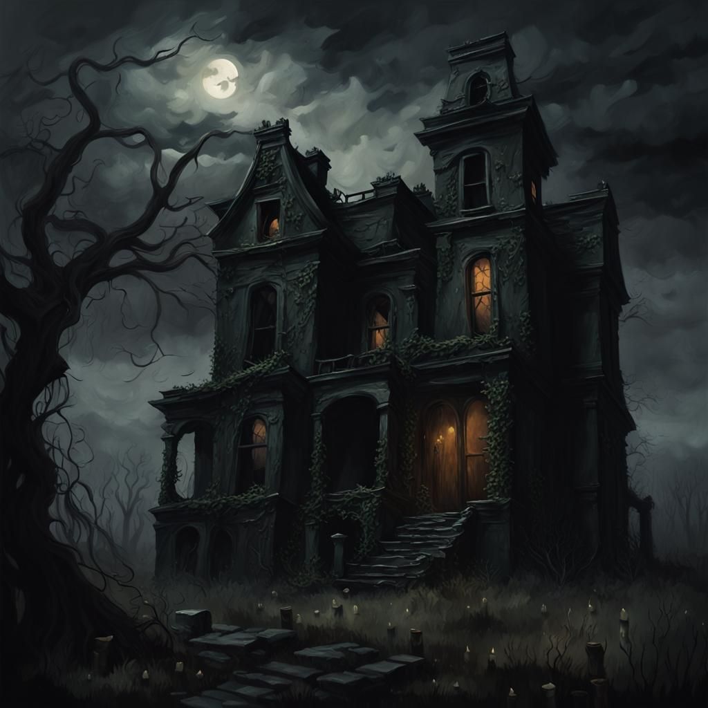 Cinematic Haunted House Painting in Dark Surrealism