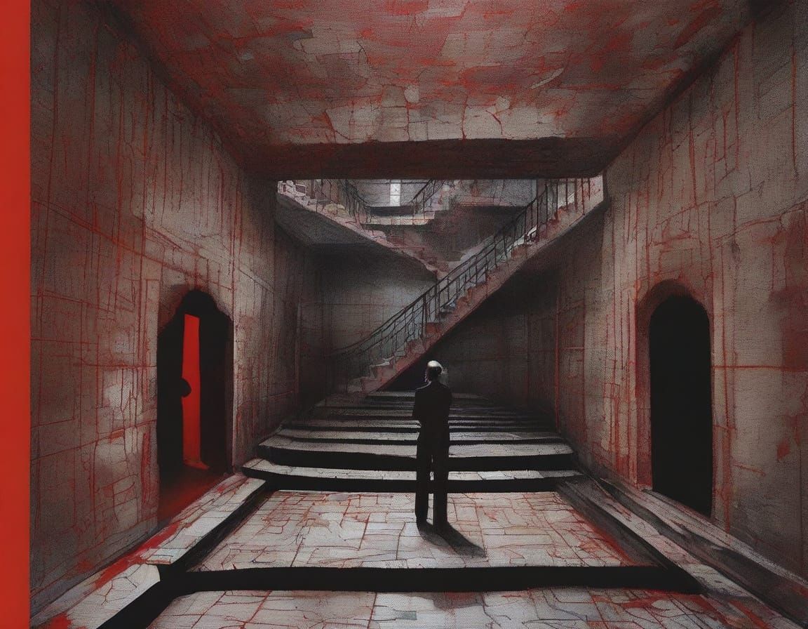 Two-Faced Figure in Brutalist Maze, Dark Surrealism