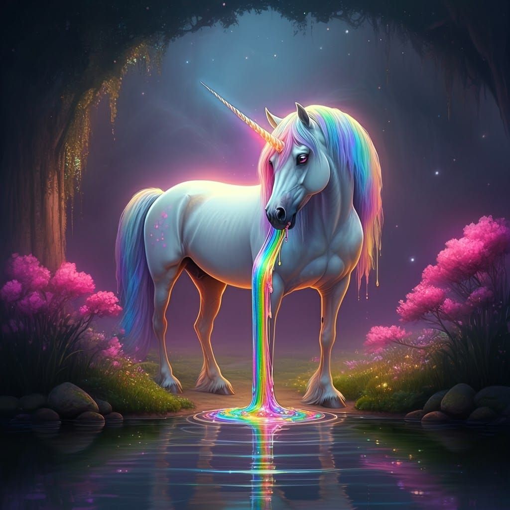 Regal Unicorn Dripping Rainbow Slime into Pond