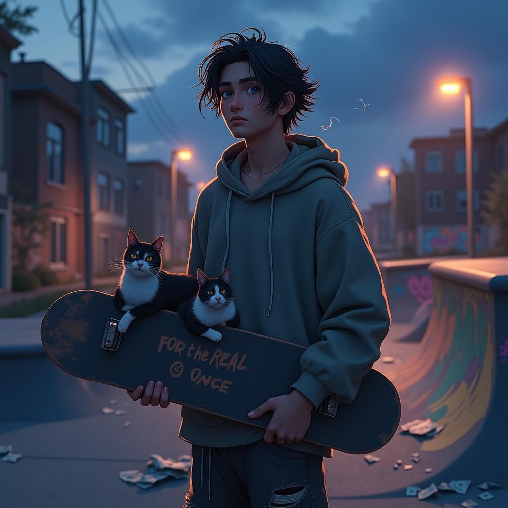 Teen Skater in Urban Twilight, Anime-Inspired Art