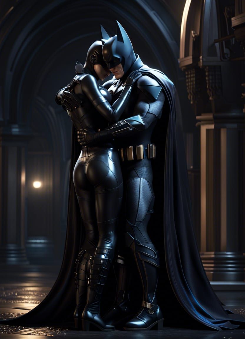 Batman and Catwoman Hug: Photorealistic 8k Render