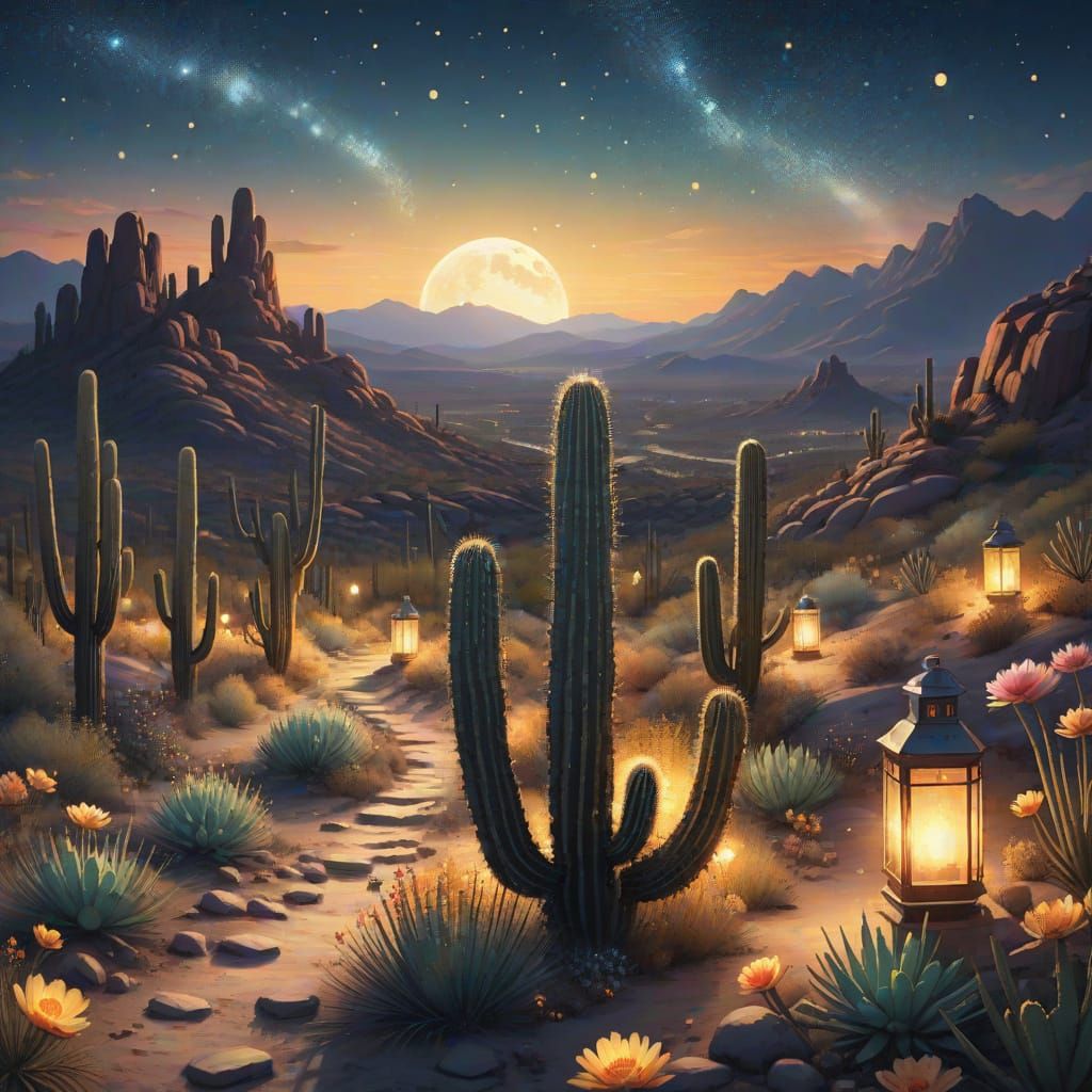 Dreamy Sonoran Desert Nightscape in Whimsical Watercolor Sty...