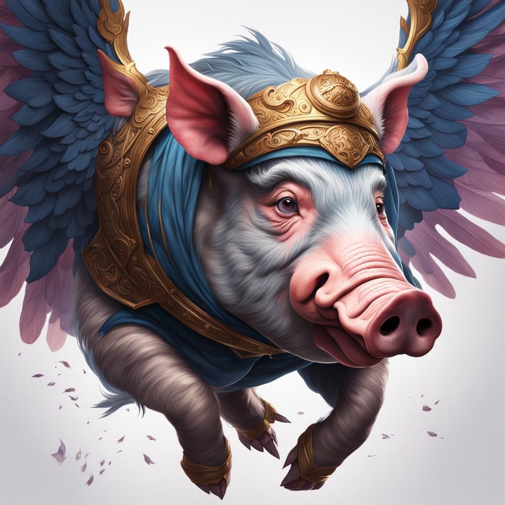 Winged Pig Portrait in Hyperdetailed Style