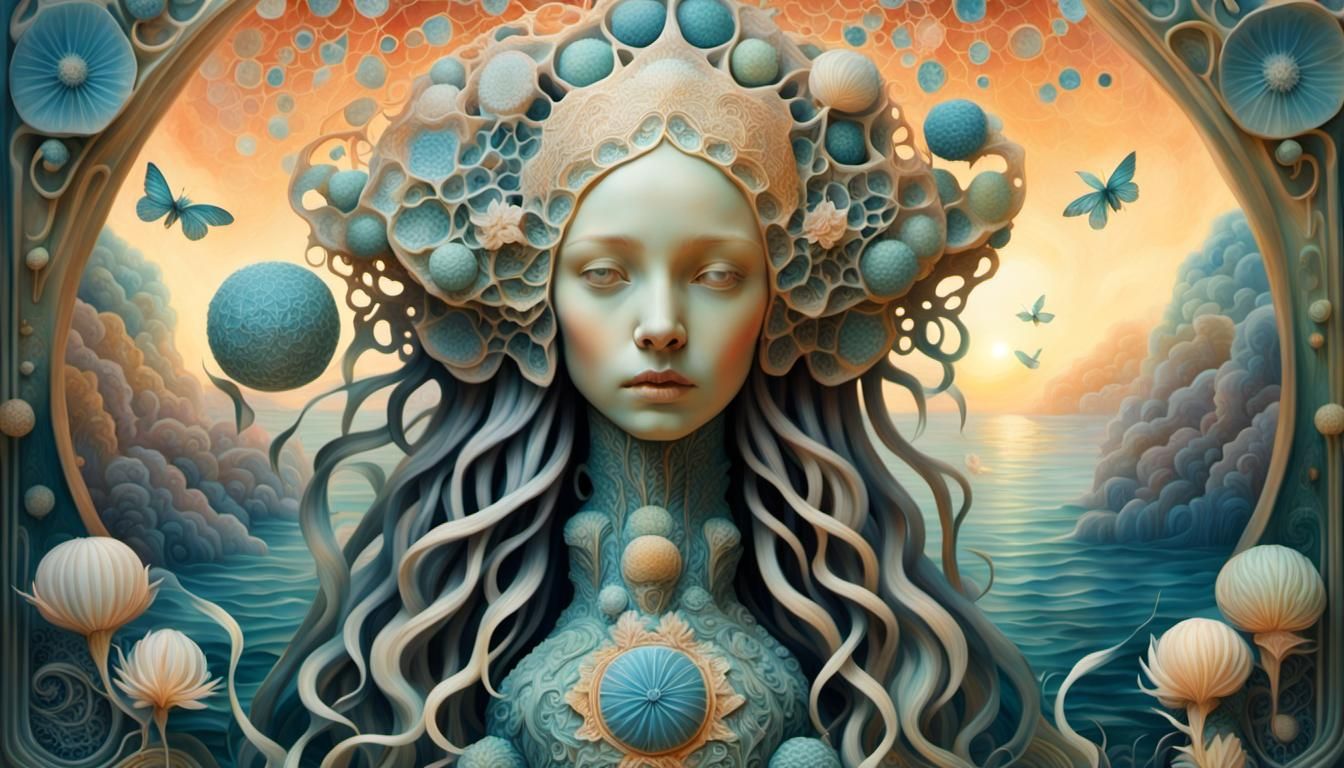 Surreal Sculpture of Woman at Sunset with Cracked Mirrors