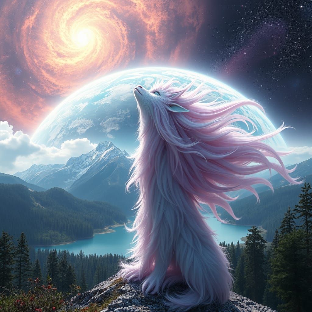 Dreamlike Planet with Ethereal Creature in Pastel Hues