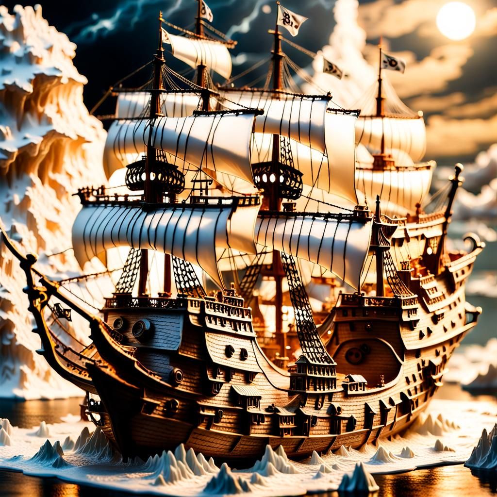 White Pirate Ship Diorama in Stormy Sea
