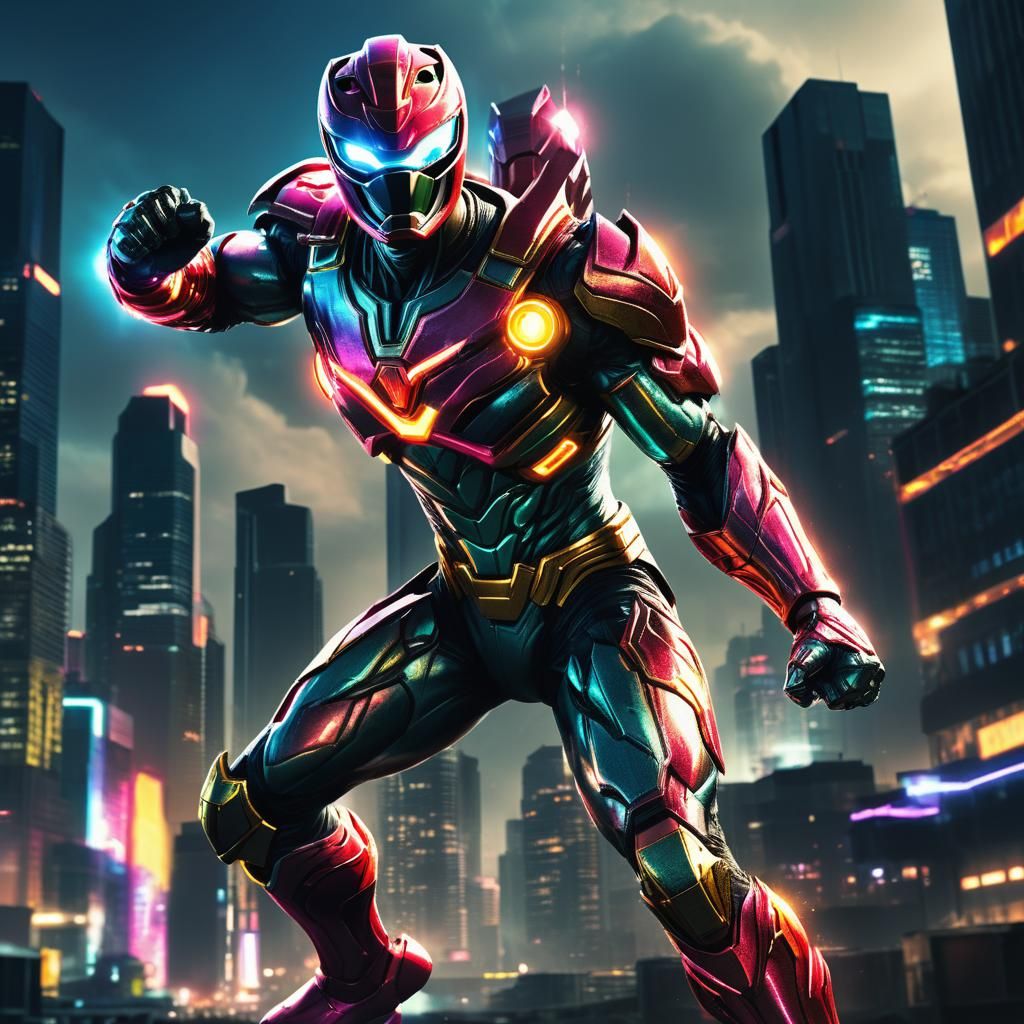 Dynamic Power Ranger Concept Art in Neon Cityscape