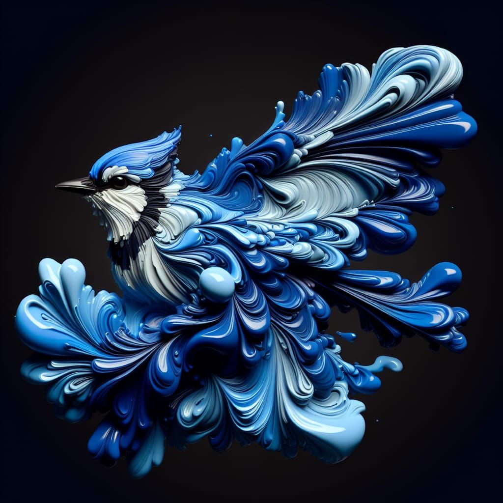 Abstract Bluejay Fluid Art in Impasto Style