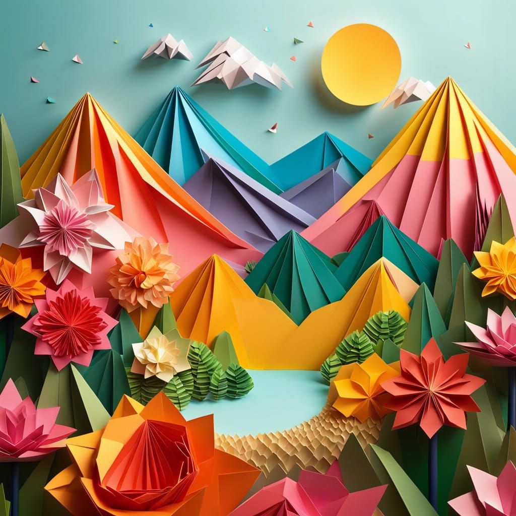 Origami Landscape with Sun, Mountains, and Flowers