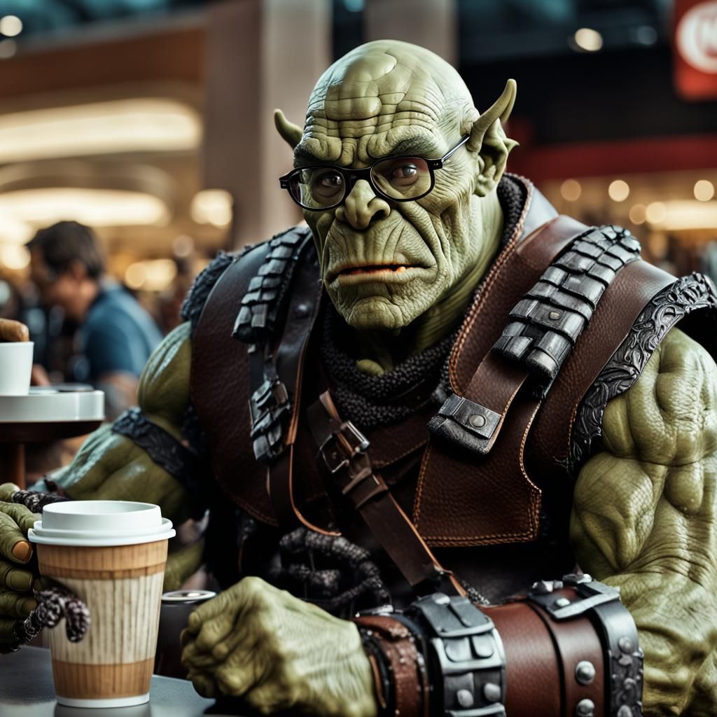 Rugged Barbarian Orc Sips Coffee in a Mellow Mall Atmosphere