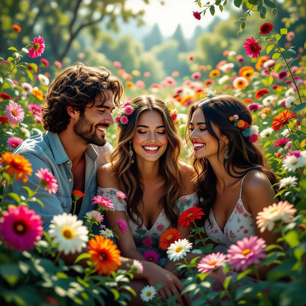 Utopian Flower World with Smiling People