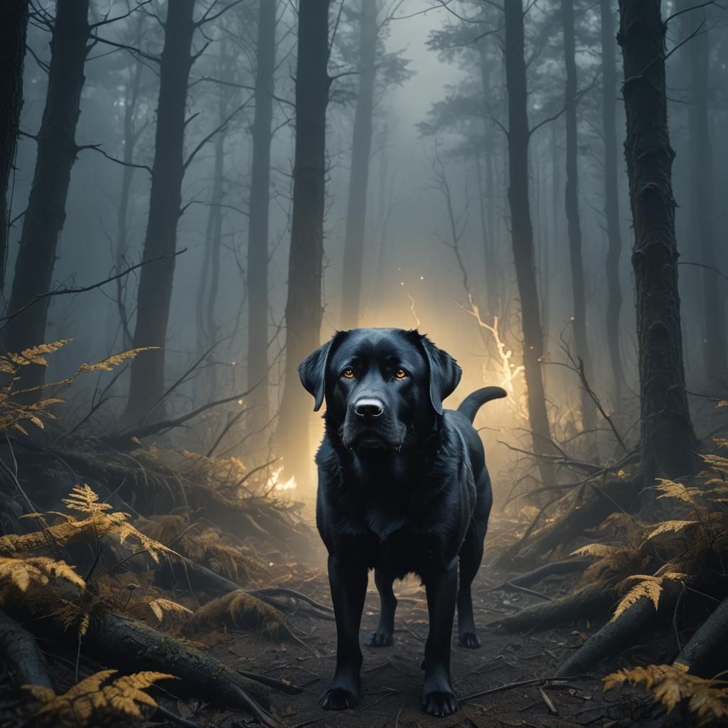 Angry Black Labrador in Dark Misty Forest