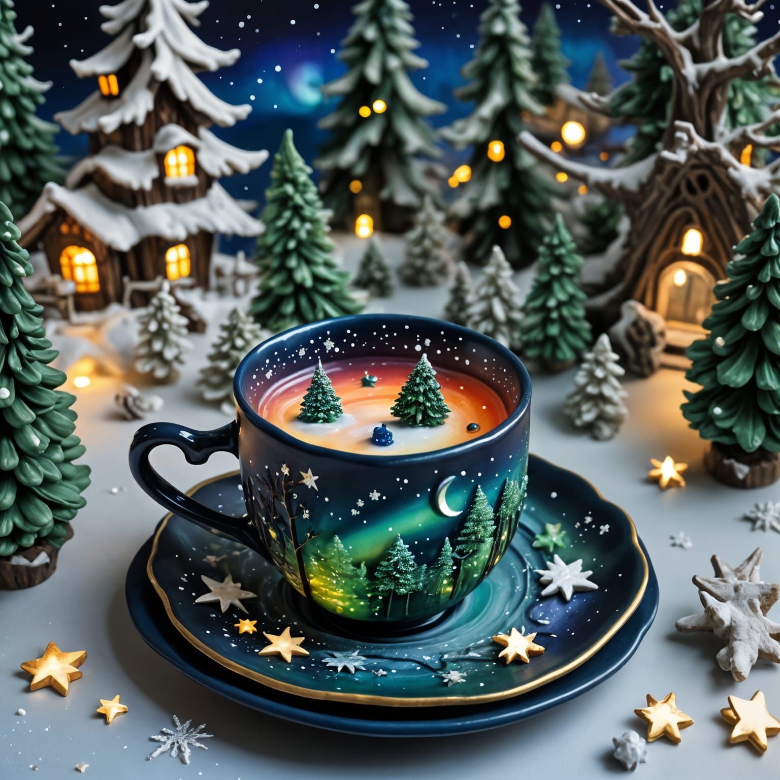 Winter Fairytale Scene on Decorated Teacup